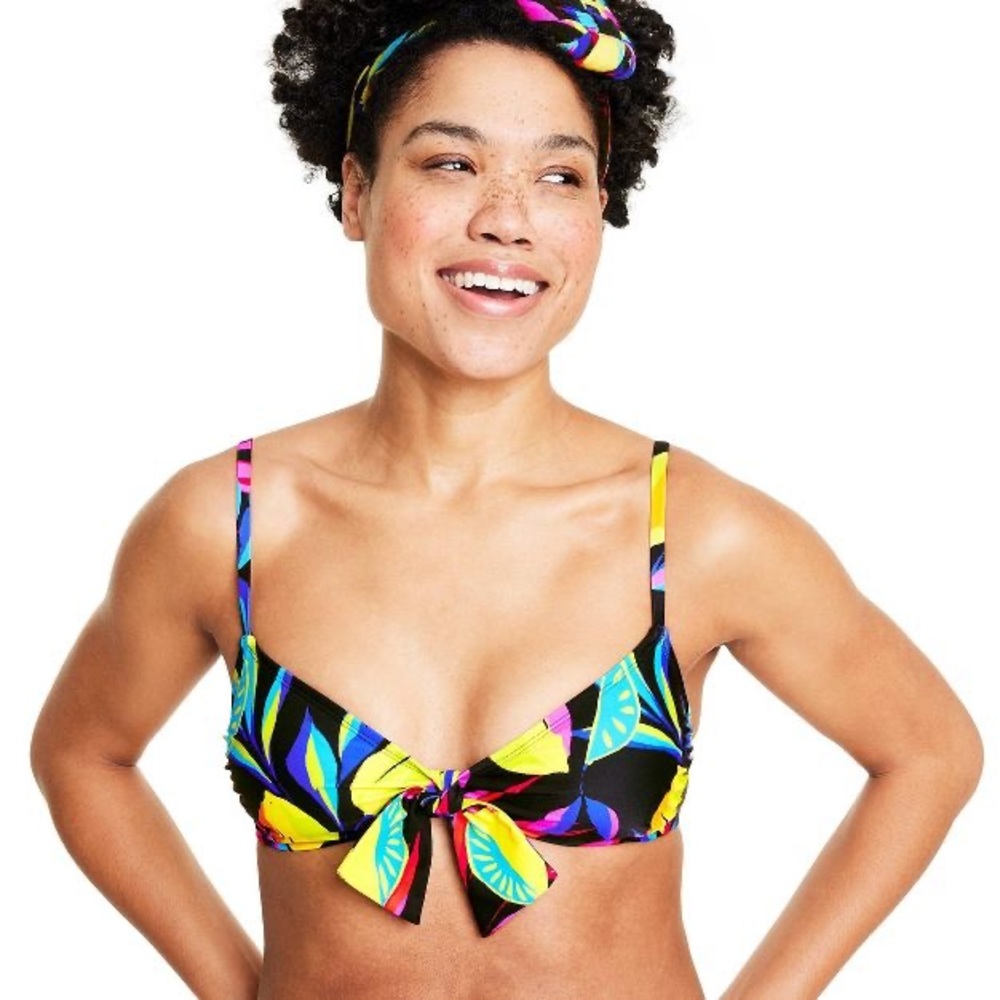 Tabitha Brown x Target Black Multi-Color Lemon Print Tie-Front Bikini Swim Top